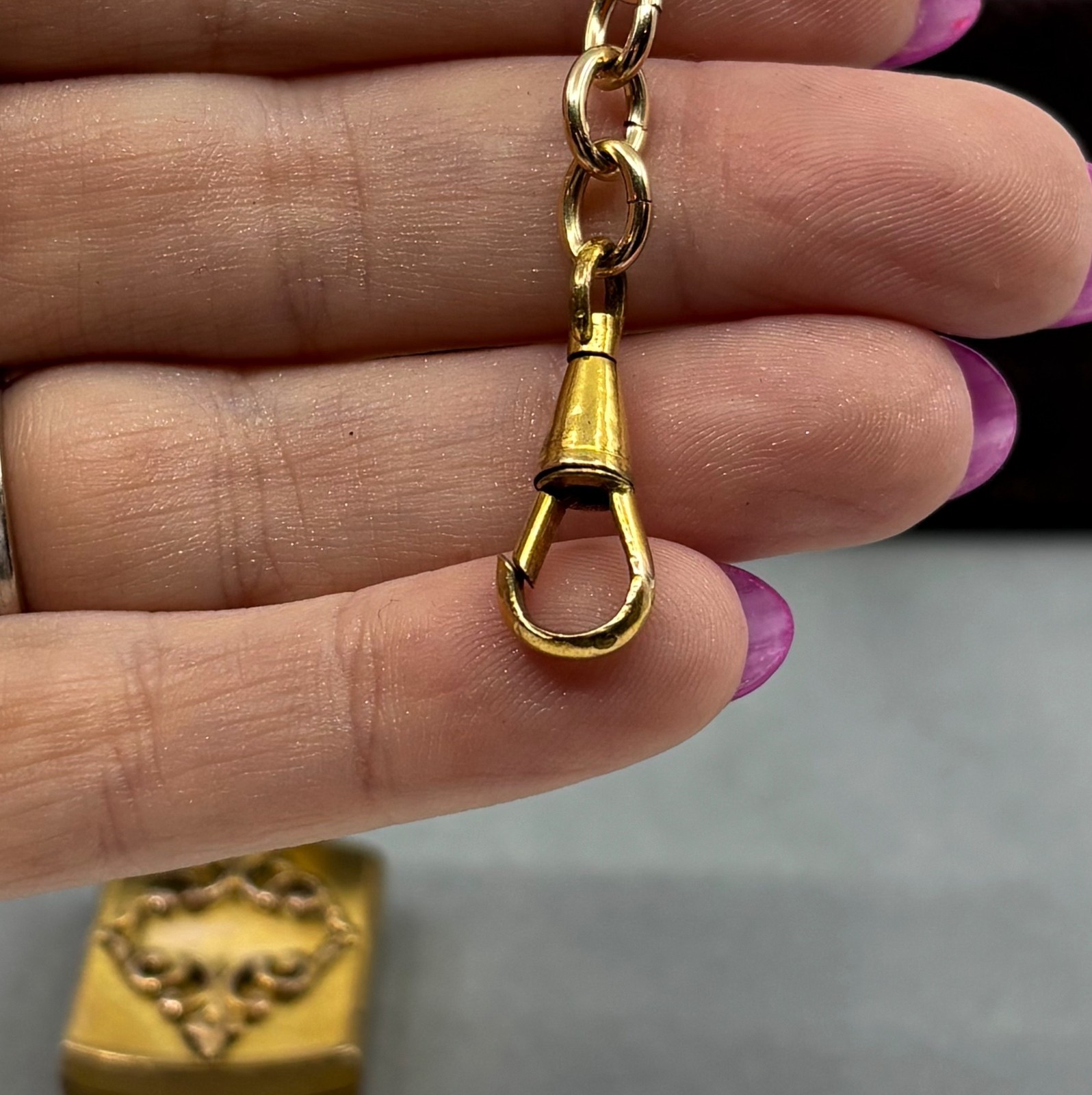 Antique Victorian Gold Filled Watch Chain Fob Locket Necklace Dog Clip