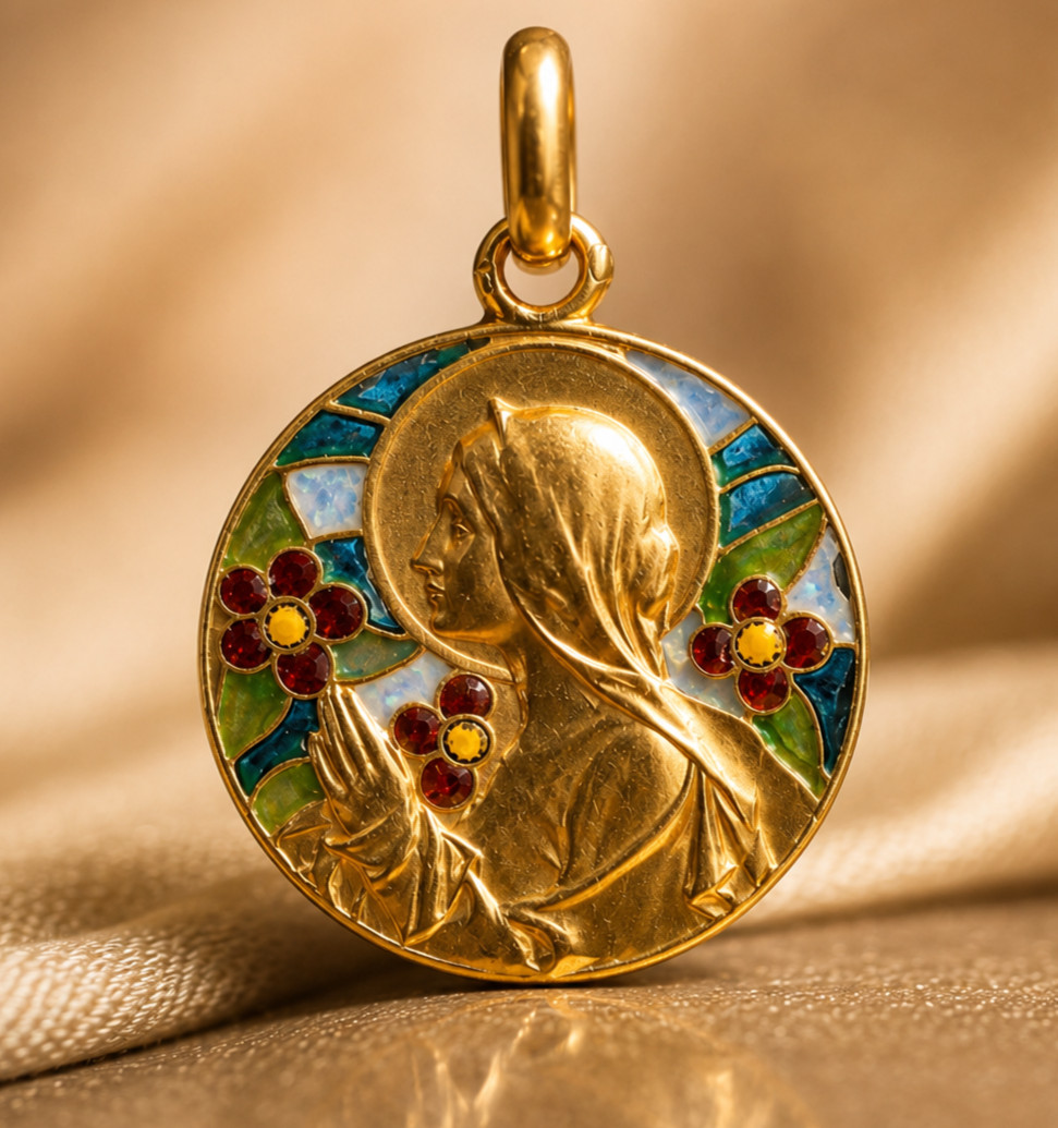 Virgin Mary Pendant 18K Gold Plique-à-Jour Enamel Religious Antique Art Nouveau