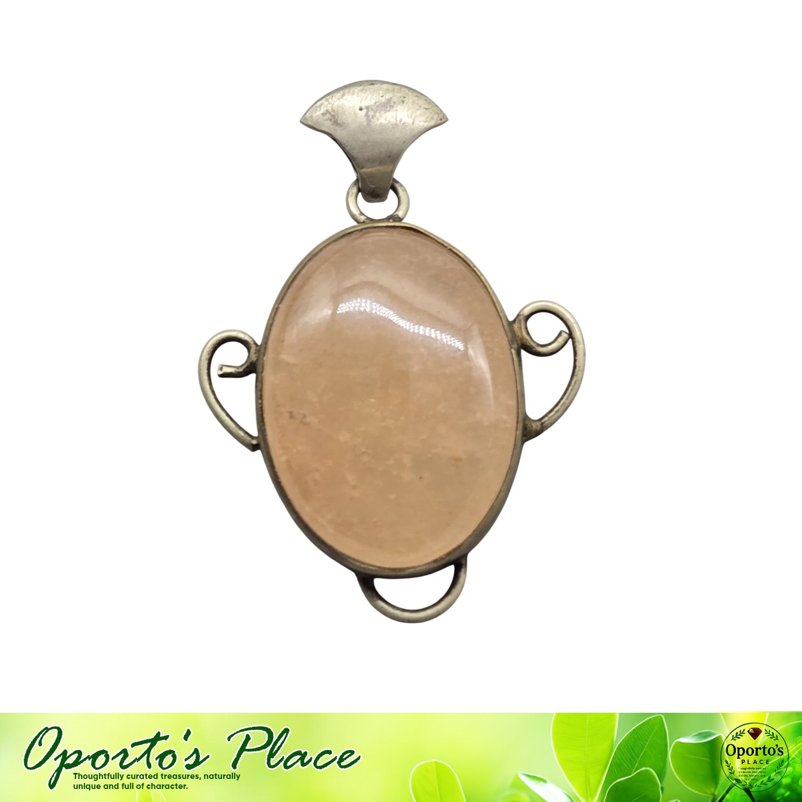Vintage Natural Stone Oval Pendant Brass Metal Peach Colored Measures 2 Inches