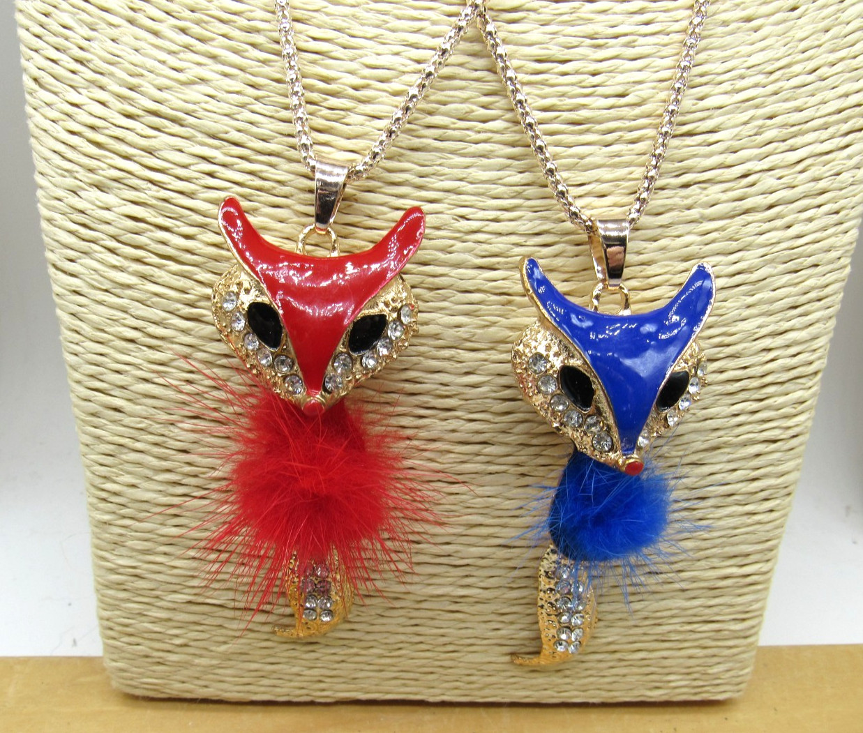 Lot of 2 vintage rhinestone faux fur fox pendant necklaces – red & blue