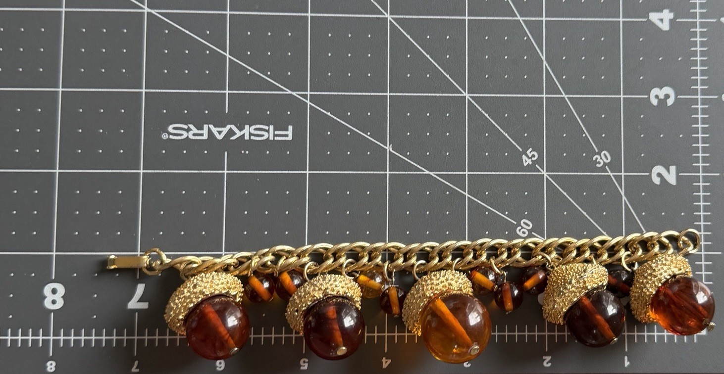 Vintage MCM Chunky Acorn Charm Bracelet Oversized Amber Glass Style Lucite Gold