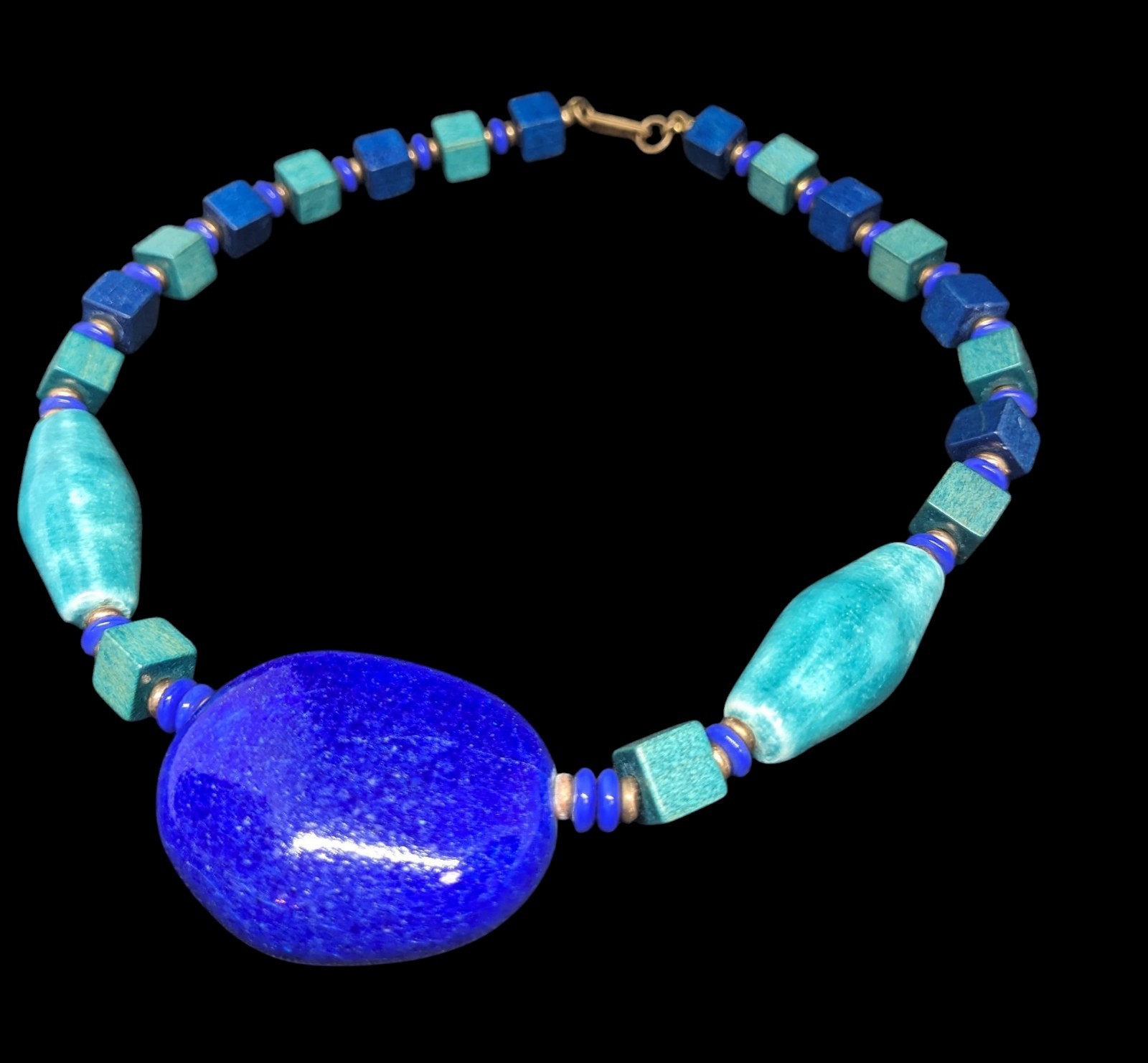 Vintage Miriam Haskell Blue Green Ceramic Wood Egyptian Revival Choker Necklace