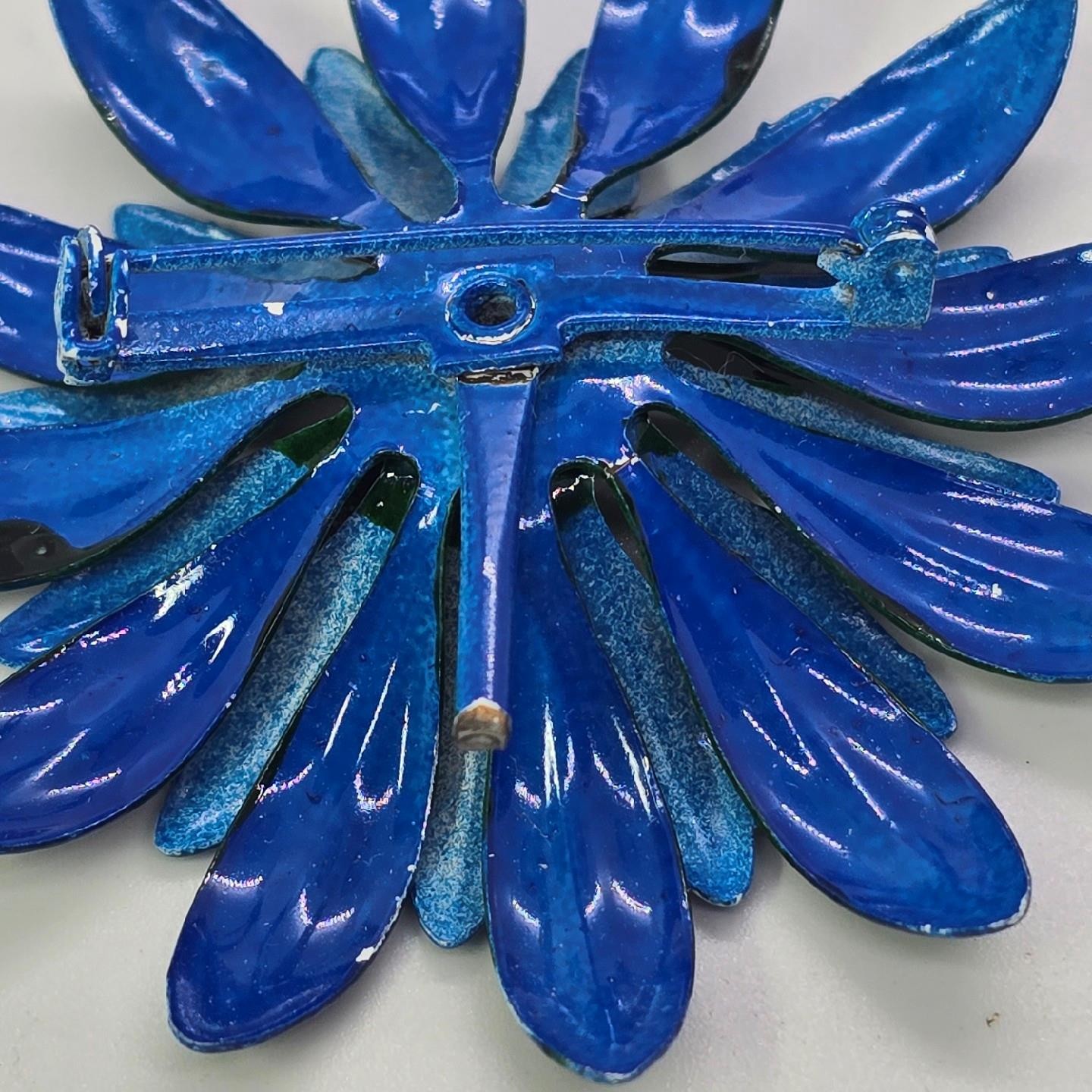 Vintage Large Blue Green Enamel Flower Brooch Pin Mid Century Atomic Daisy