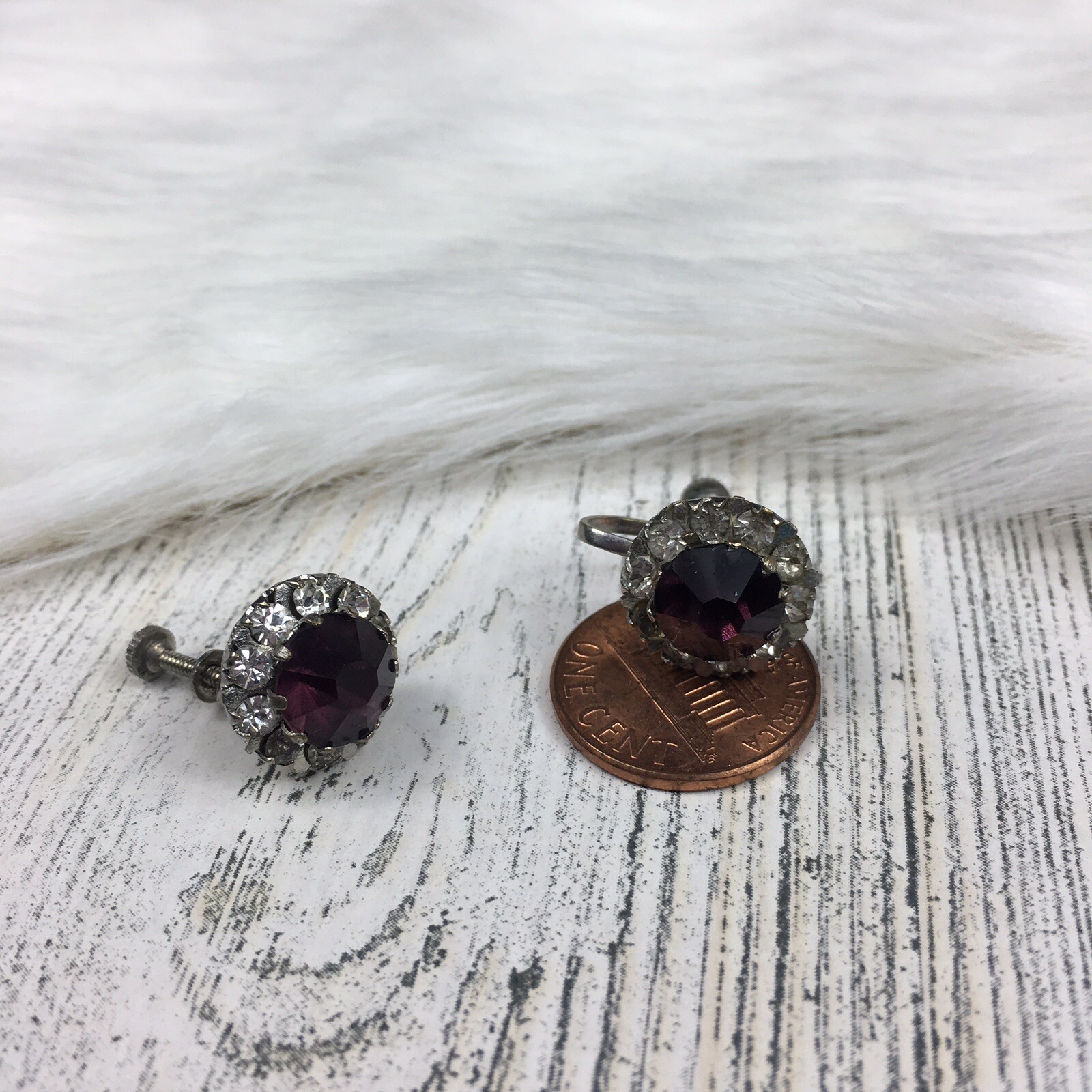 Vintage Purple & Clear Glass Rhinestone Screw Back Earrings