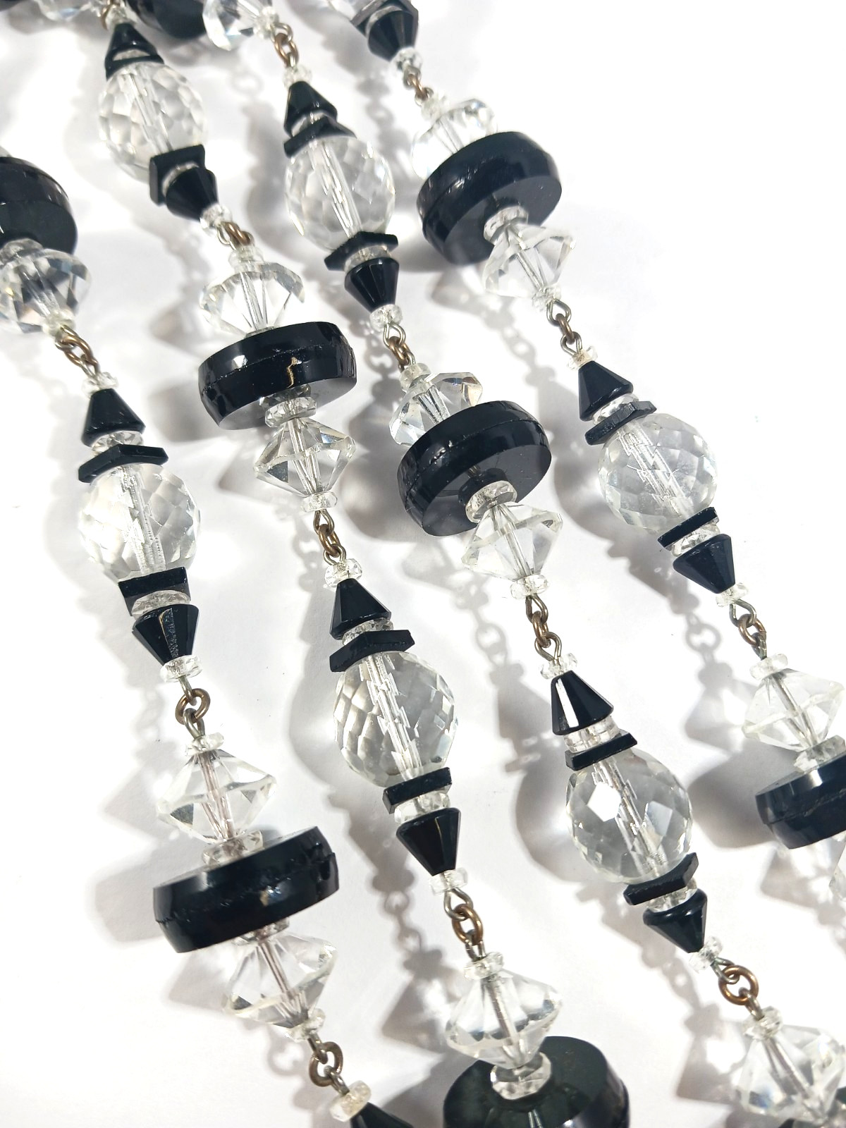Art Deco Black & Clear Crystal Glass Beaded Necklace ~ 40 Inches
