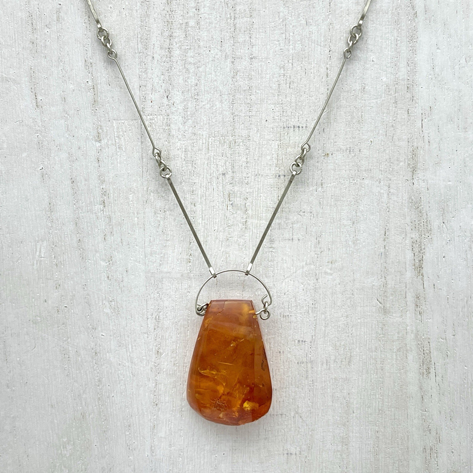 Genuine Baltic Amber Pendant Necklace Vintage Modernist Artisan Wire Chain Honey