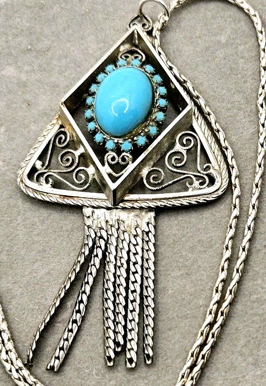 VTG Silver Tone Turquoise Color Large Pendant Wheat Chain Necklace Southwest 16″