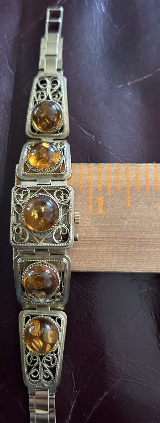 Vintage MCM Chika Baltic Amber Gold Plated 1950s USSR Hidden WATCH Bracelet
