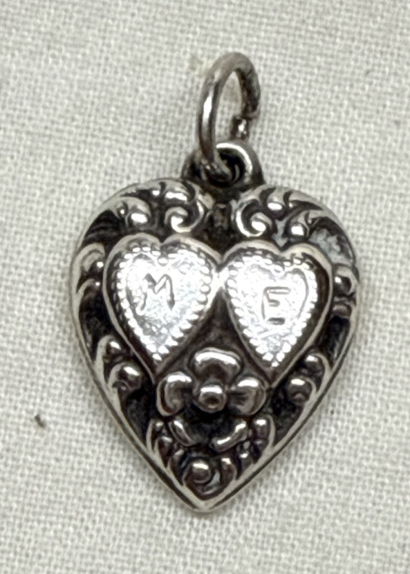 Victorian Era Vintage Sterling Silver Puffy Heart Charm Twin Hearts Flowers
