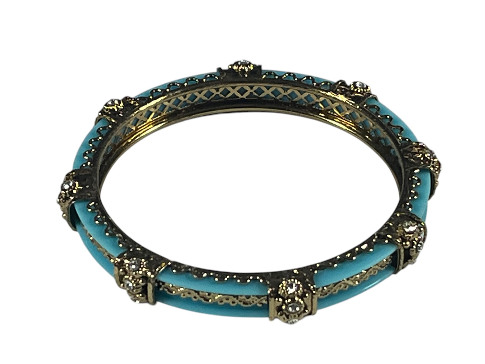 Vintage Gold Tone Turquoise Blue Enamel Rhinestone Hinged Bangle 3″ Bracelet