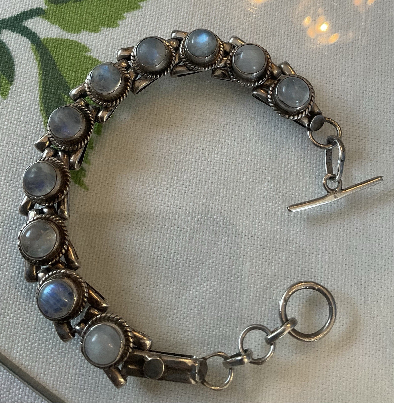 Vtg Mexican Sterling Silver Rainbow Moonstone Cabochon Rope Toggle Bracelet