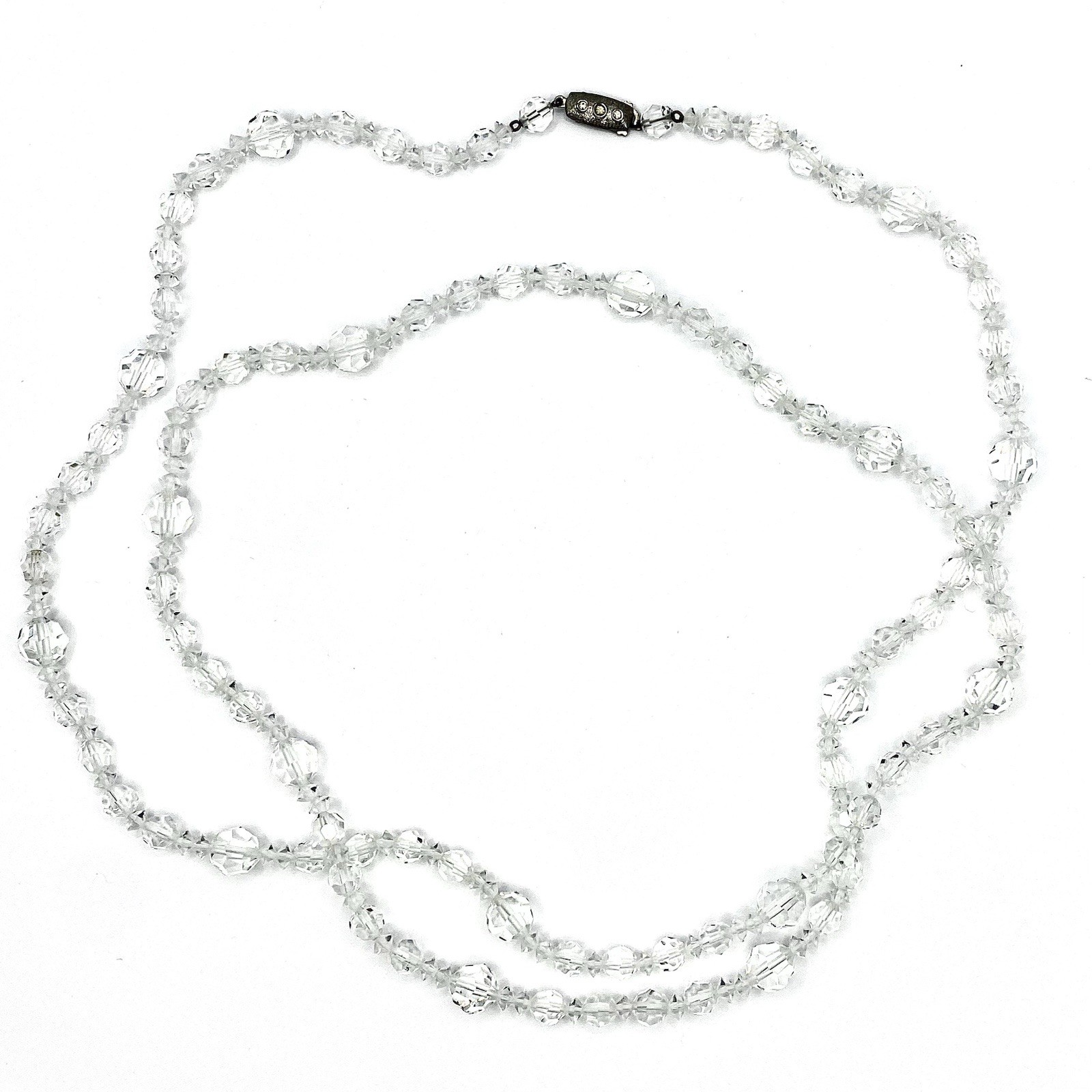 Vintage Long Faceted Crystal Like Rhinestone Beads Necklace AB Clip Ons Earrings