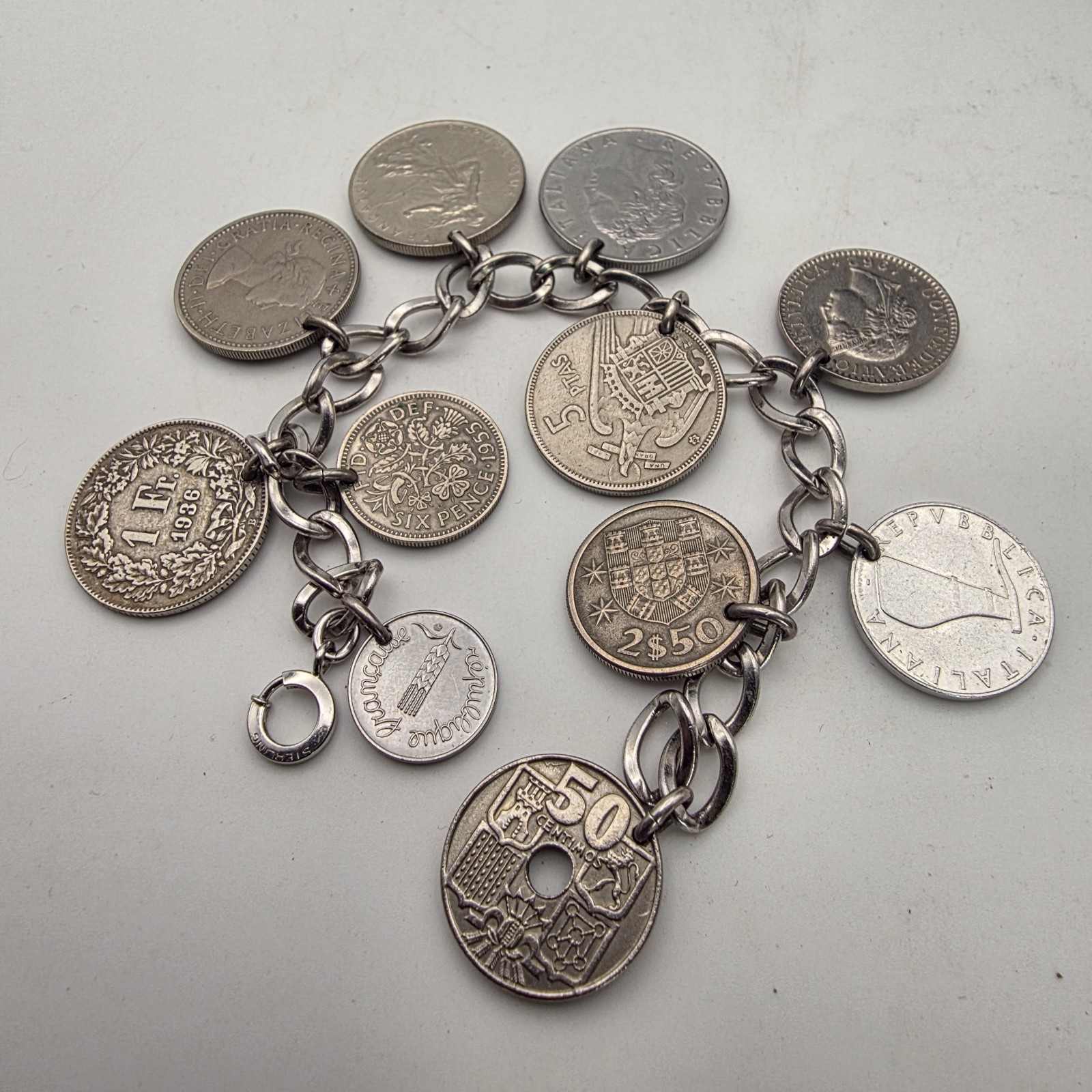 LeStage Sterling Silver Coin Charm Bracelet 58g Mid Century Estate Jewelry Euro