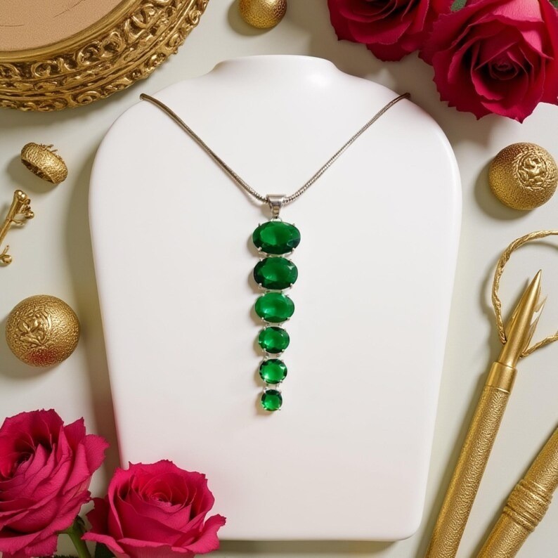 Emerald Sterling Silver Pendant Necklace: Colombian Oval Gemstone, May Birthston