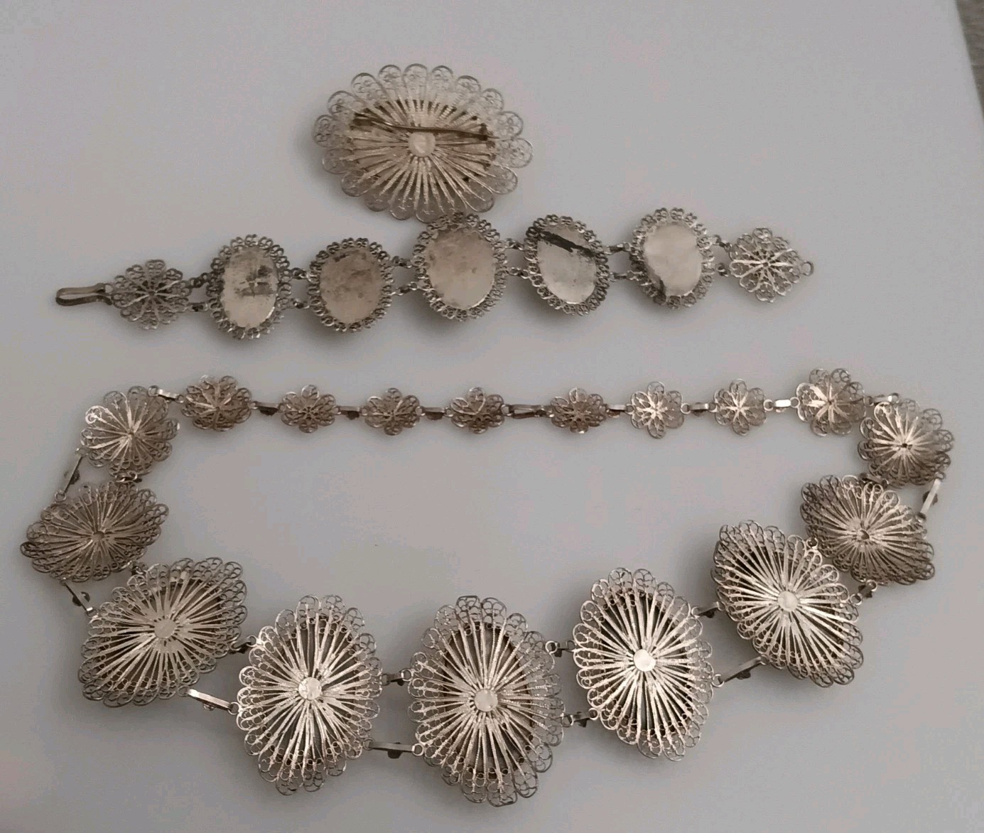 Vintage Antique Silver Filigree Mabe Pearl Necklace Brooch Bracelet Set Lot