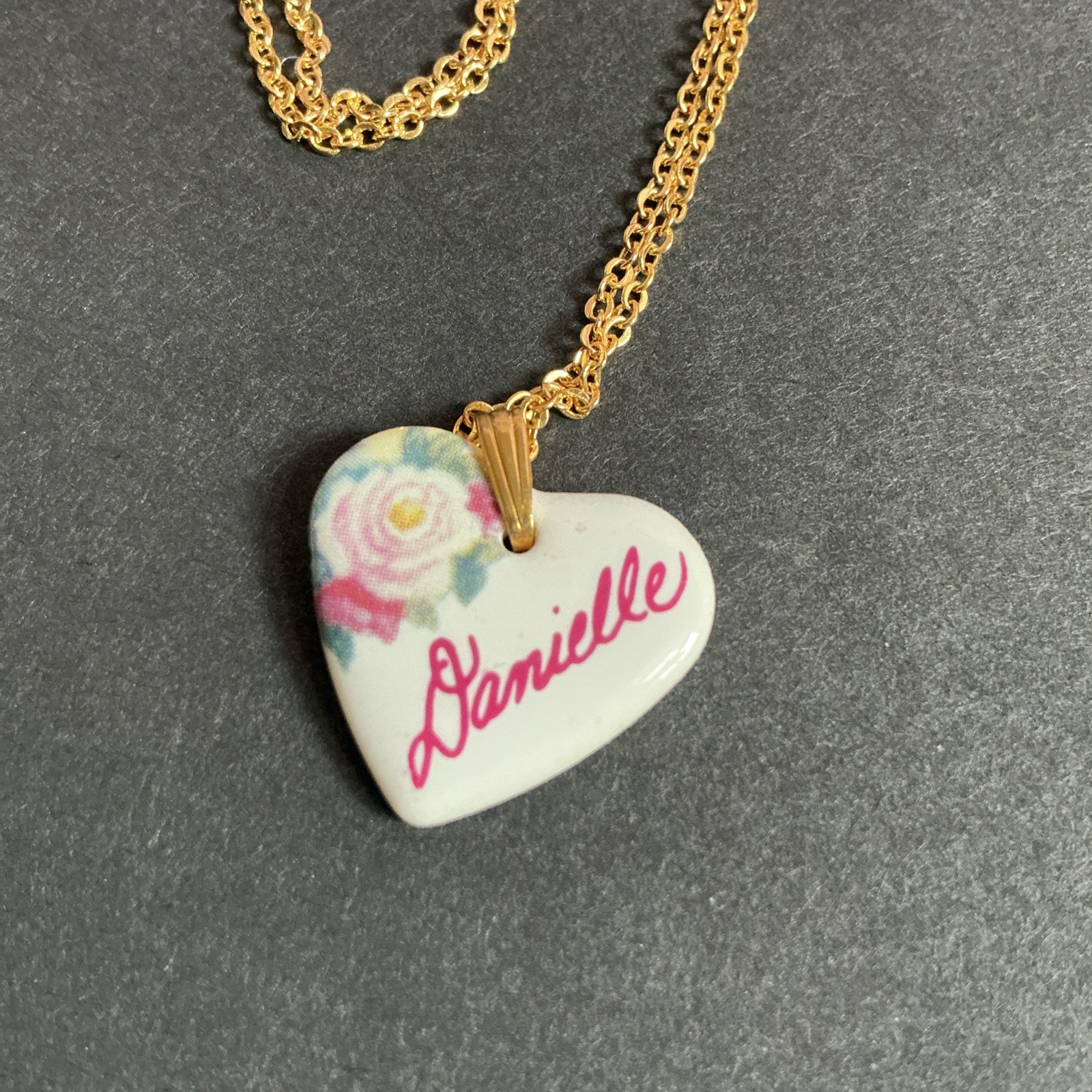 Vintage Name Necklace Danielle Porcelain Heart Rose Floral Pink White Pendant