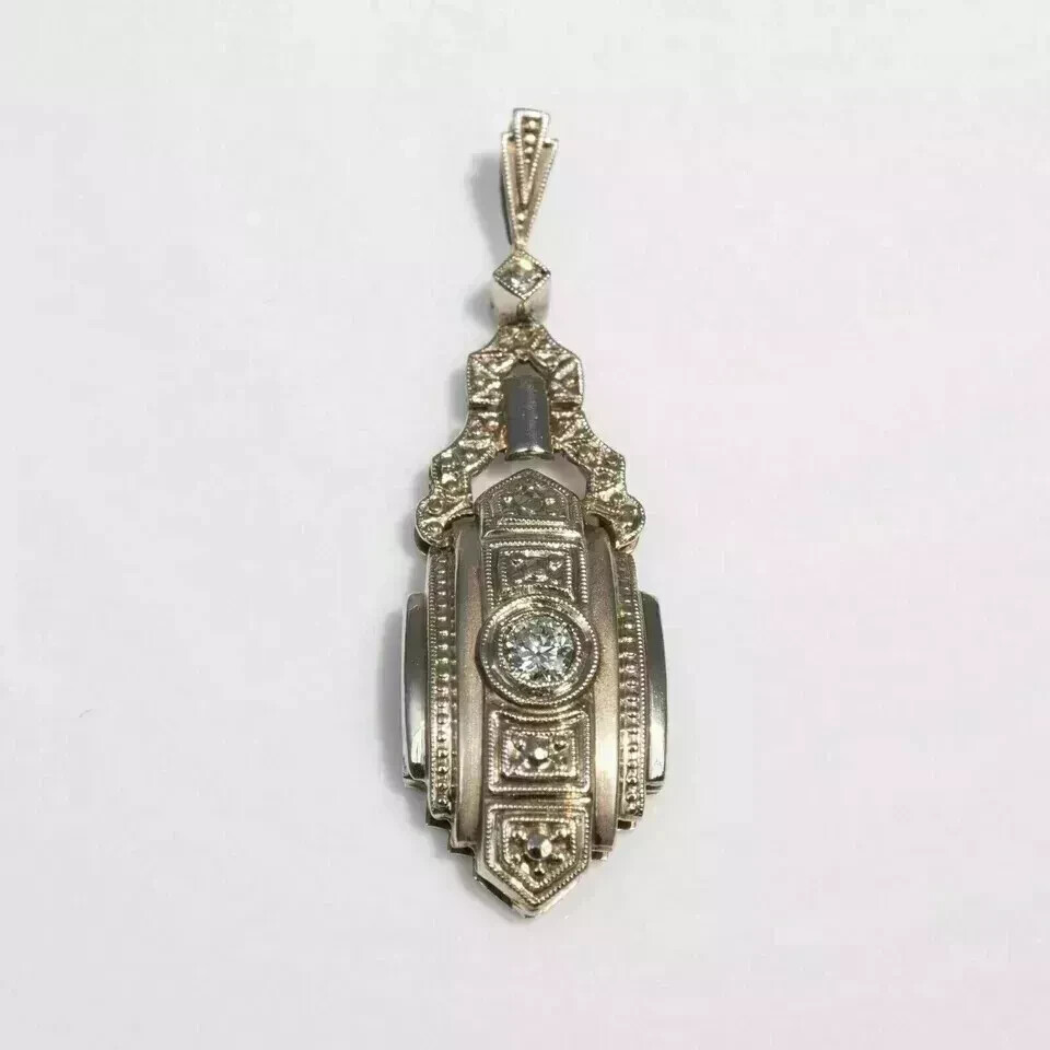 Art Deco Vintage Style Lab Created Diamond 14K White Gold FN Engagement Pendant