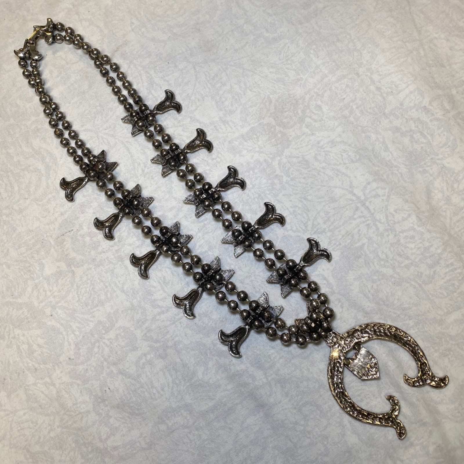 Vintage Southwestern Squash Blossom Style Necklace Turquoise Look Silver Tone