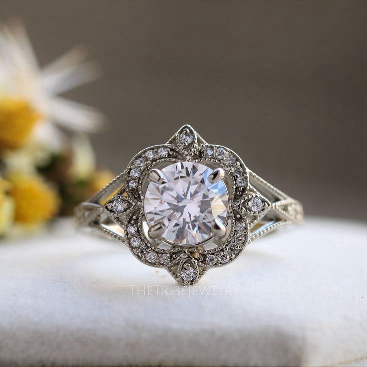 Antique Art Deco Filigree 2 Ct Round Cut Moissanite Edwardian Engagement Ring