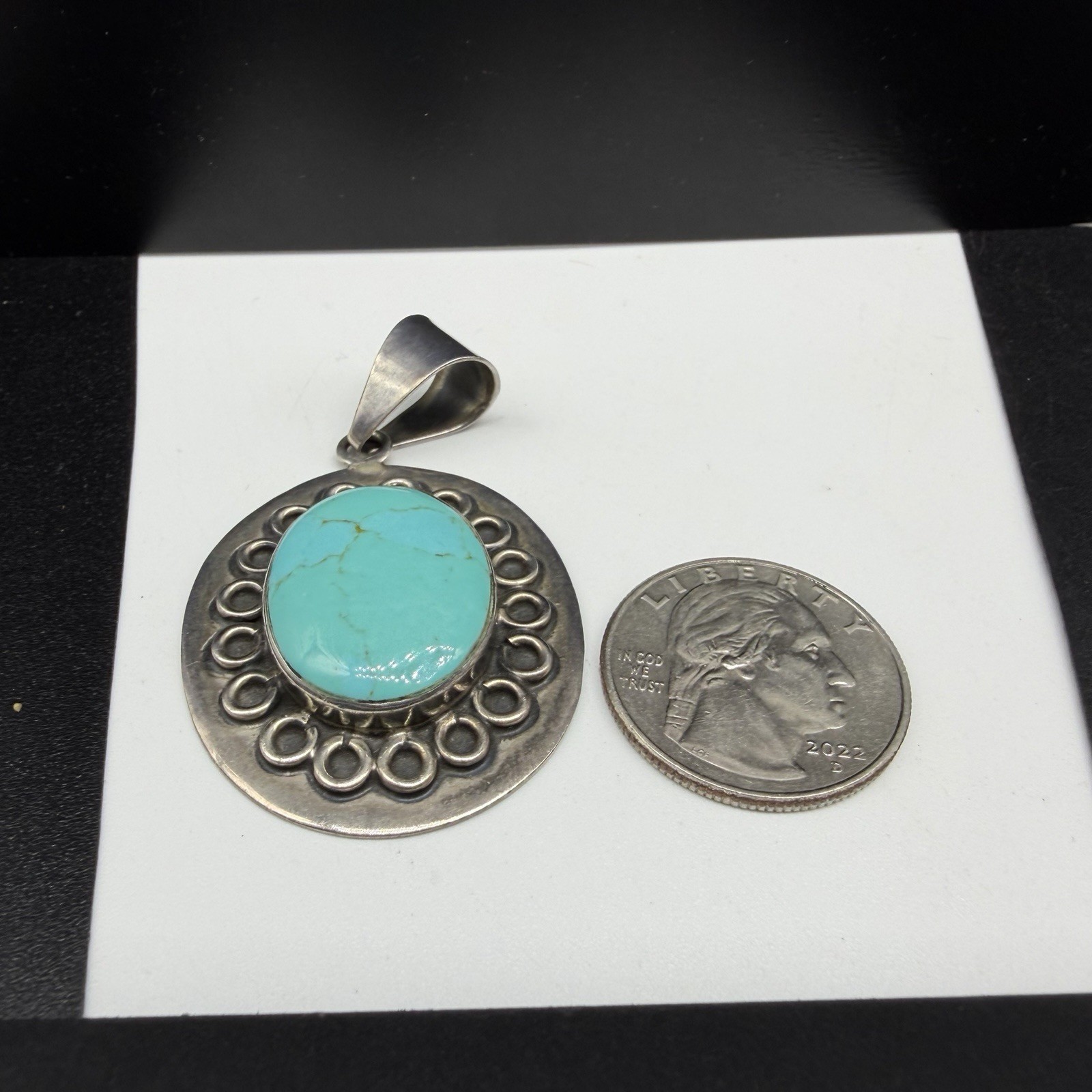 Vintage Taxco TL-83 Sterling Silver 2.25″ Drop Oval Turquoise Pendant Mex 17.2g