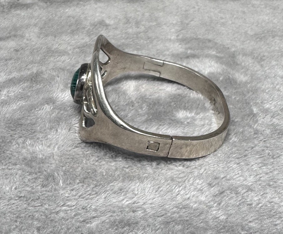 VTG Sterling Silver 925 Malachite Cabochon Hinged Bangle Bracelet Taxco MEX L108