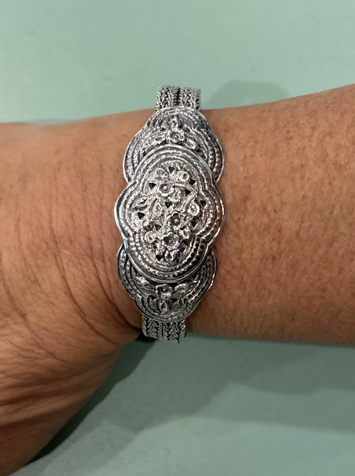 Sterling Silver Floral Double Wheat Braided Thailand Bracelet 42g Vintage 925