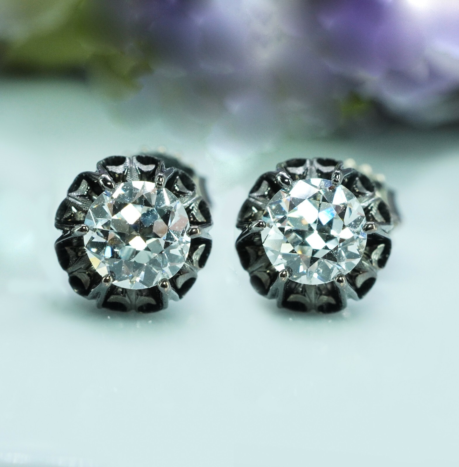 Antique Old European cut Diamond Stud Solitaire Earrings 14K Gold 1.1ct