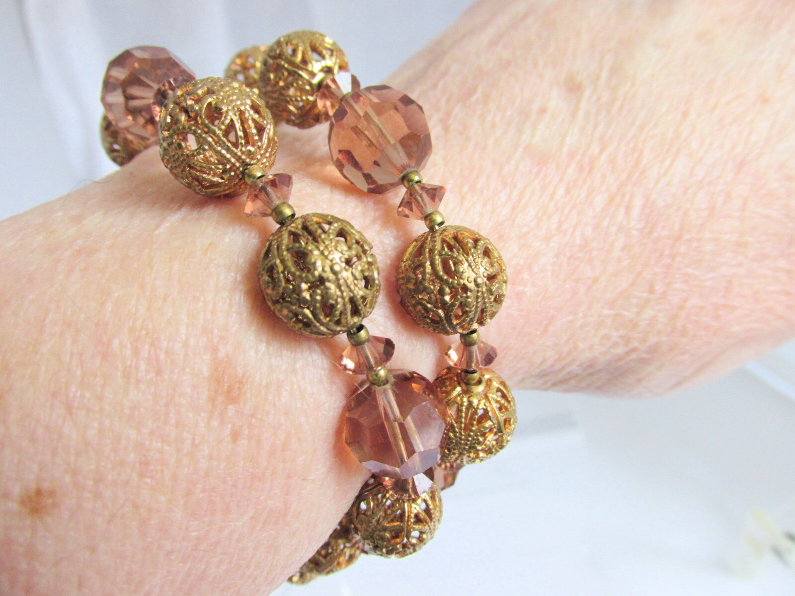 Vintage Topaz Glass Crystals & Gold Plate Filigree Metal Beads Wrap Bracelet
