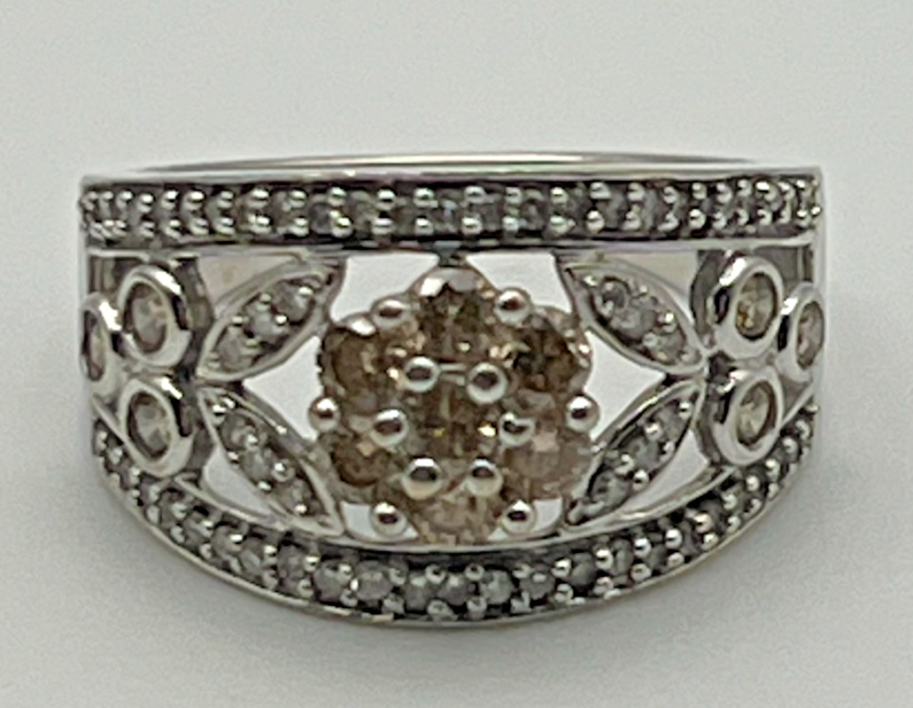 JWBR 14K White Gold 1.00CT Champagne & White Diamond Flower Ring Size 6 7/8