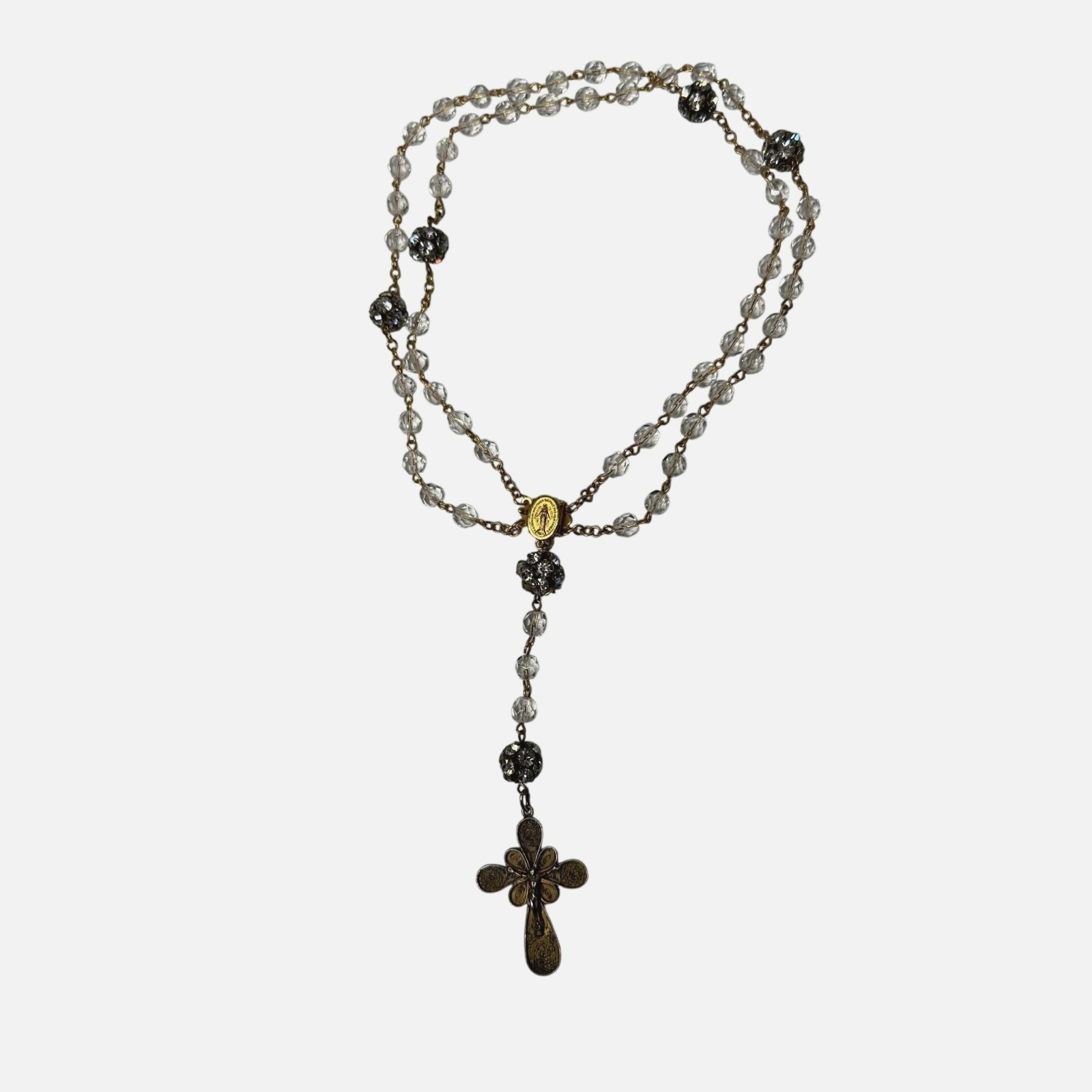 VTG Double Strand Crystal Bead Rosary Bracelet Necklace Cross Pendant Gold Tone