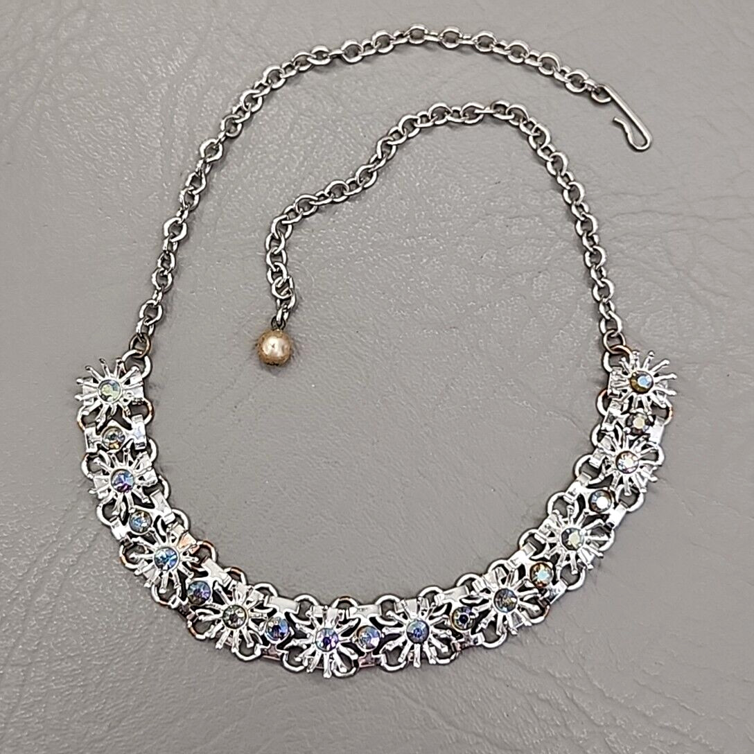 Vintage Rhinestone Necklace Flower Blue AB Glass Round Silver Tone 17.5 in