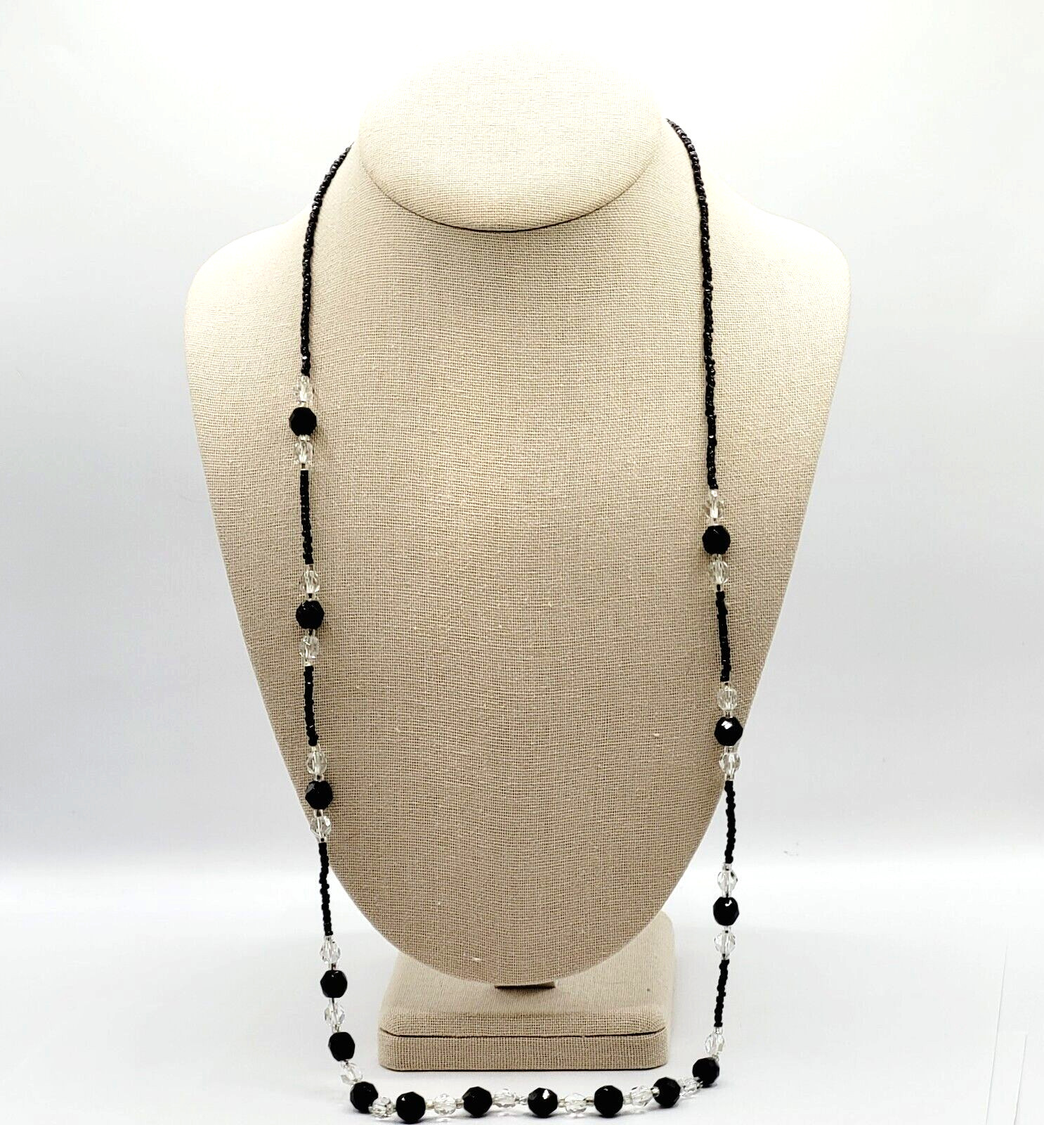 Modern Art Deco Black Clear Cut Crystal Bead Silver Tone Vintage Necklace 31 in