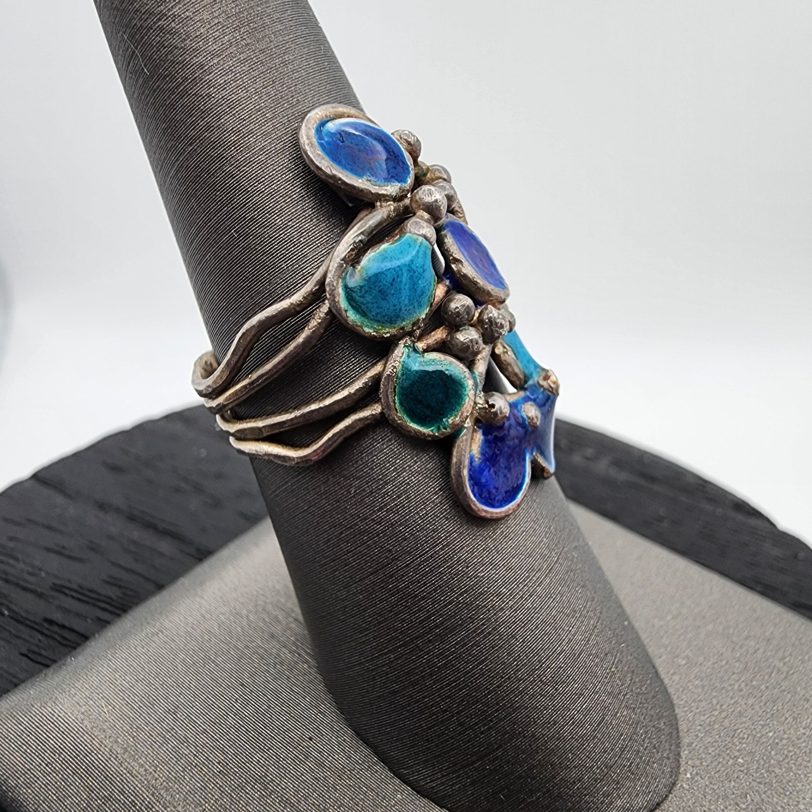 Vintage Signed RP Silver Teal Enamel Brutalist Multi Wire Strand Ring 7″