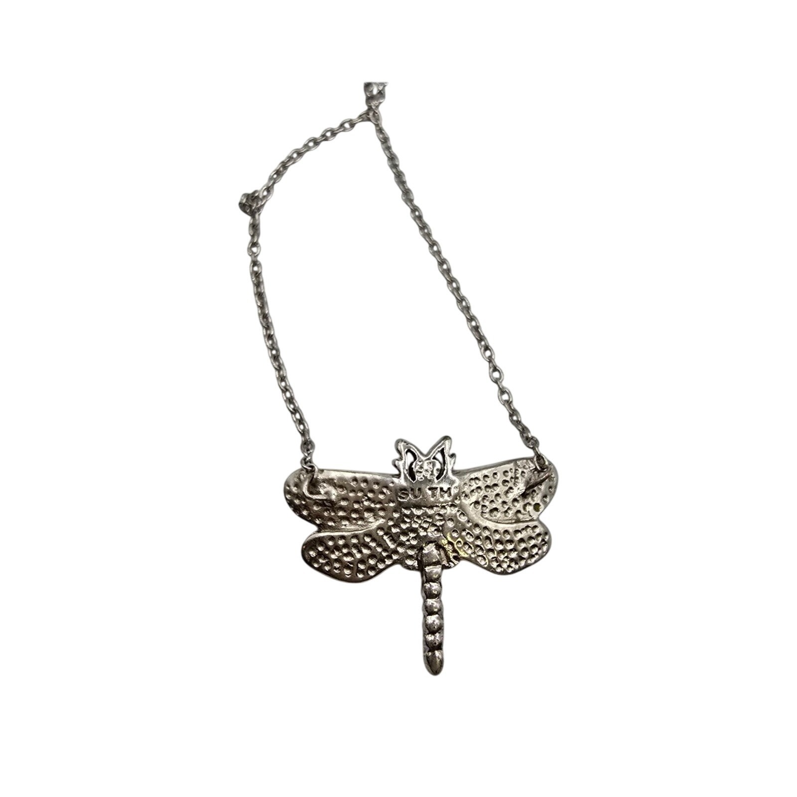 Necklace Small Dragonfly Pendant Multicolor Rhinestones Silver Tone 16″ SKU 2241