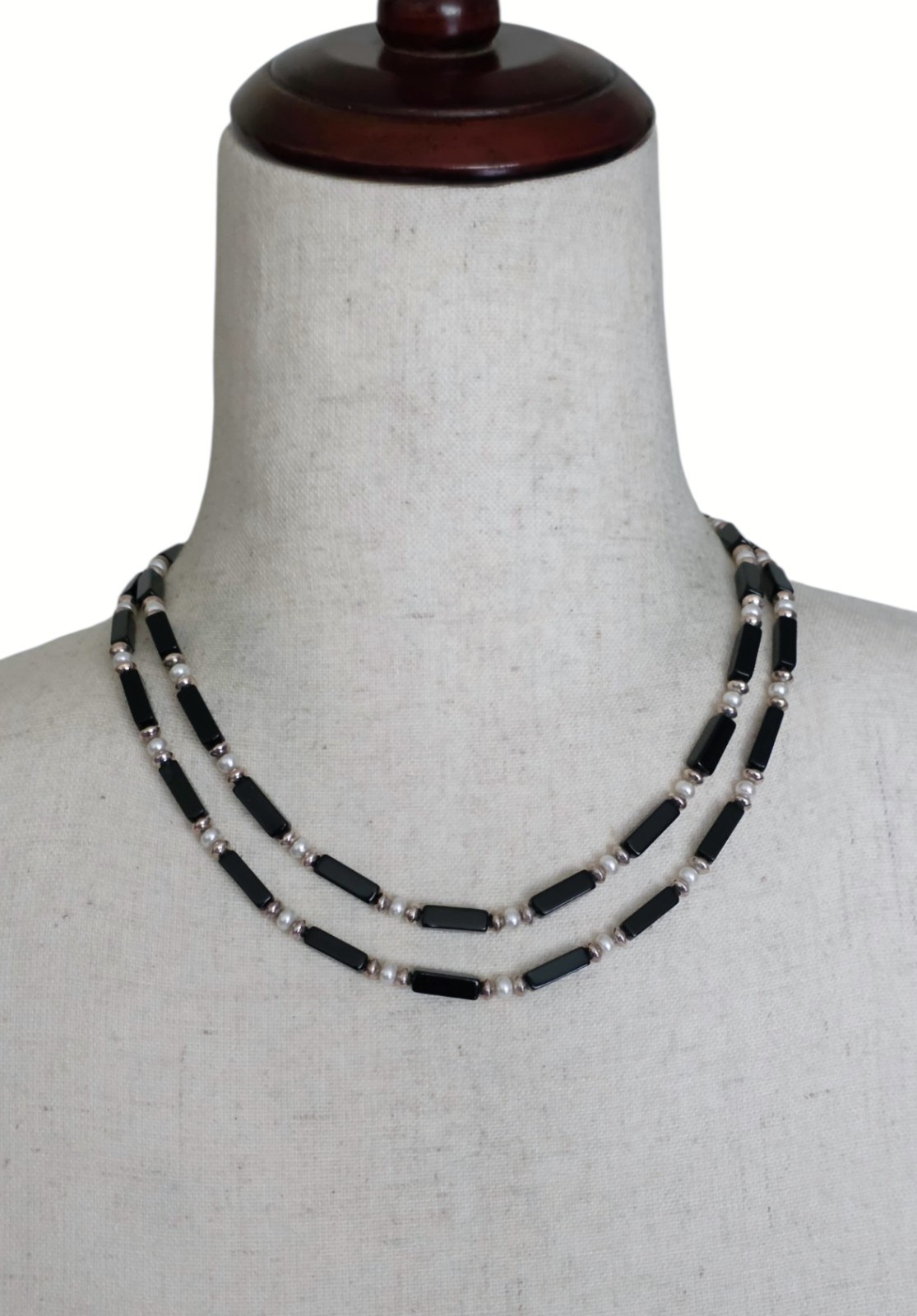 Vintage 925 Sterling Silver Double Strand Black Onyx Genuine Pearl Necklace 18″