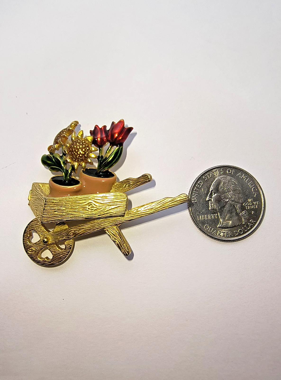 Vintage Gold Tone Wheelbarrow Flower Brooch Enamel Floral Garden Pin