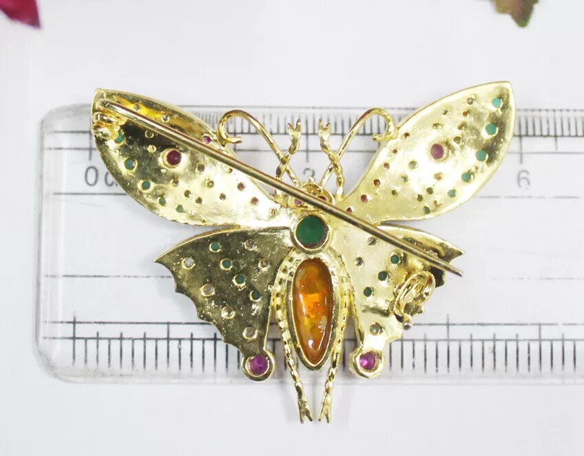 1.60ct Rose Cut Diamond Ruby Emerald Opal Victorian 925 Silver Butterfly Brooch