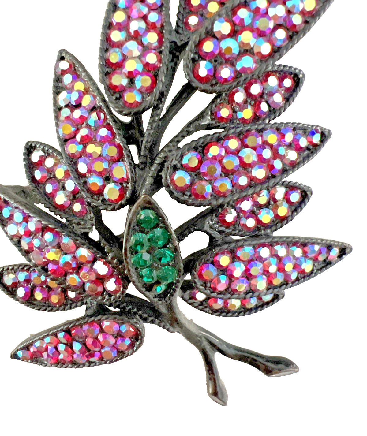 VINTAGE SIGNED WEISS RED PINK AURORA BOREALIS RHINESTONE LEAF BROOCH / JAPANNED