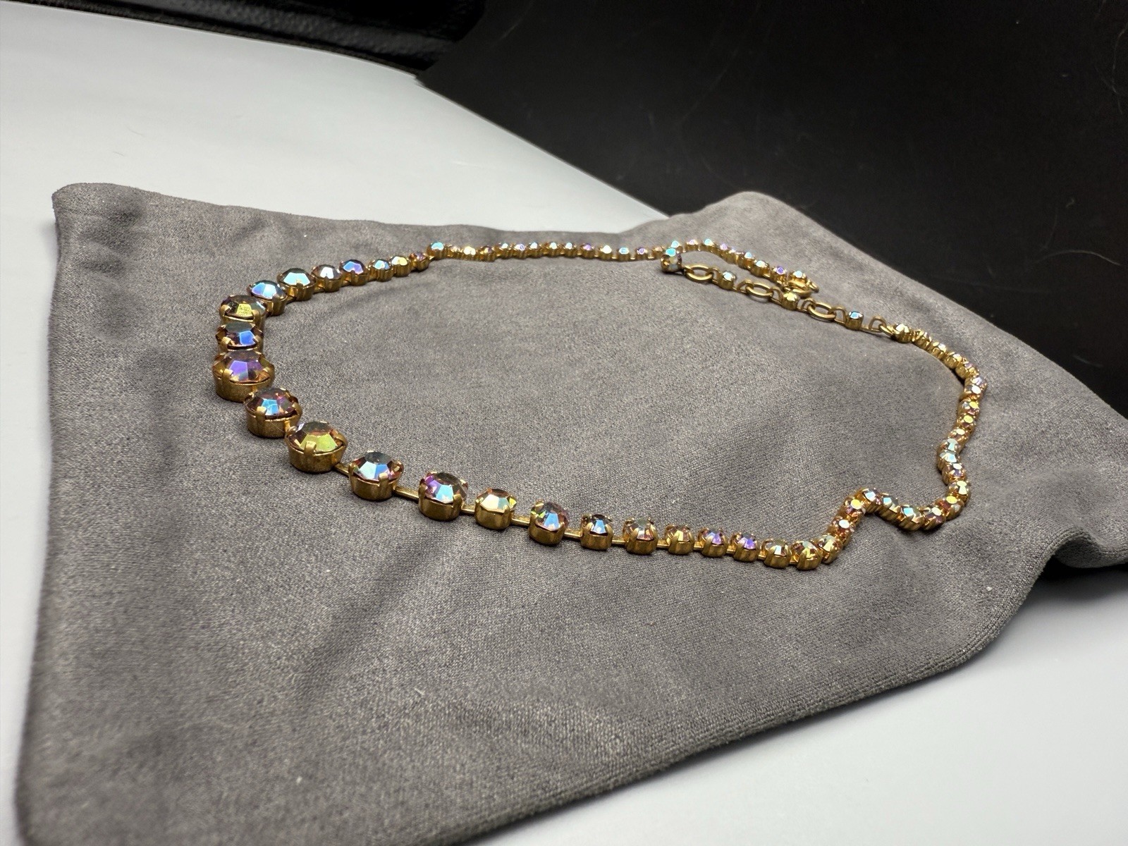 Austrian AB Crystal Rhinestone Necklace Vtg 17.5-18.5” Graduated Stones 8-3mm