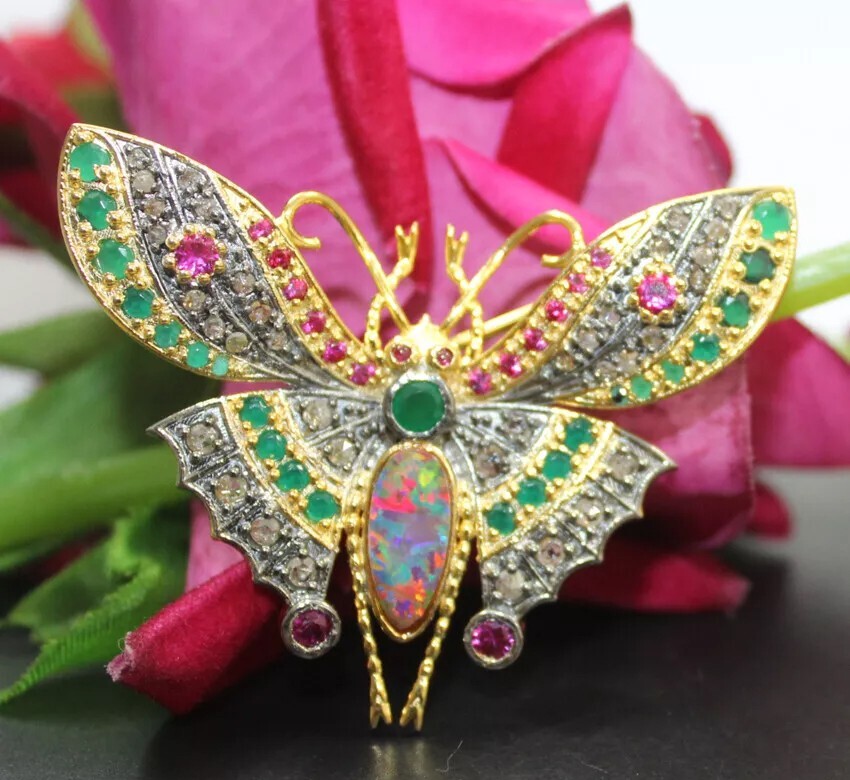 1.60ct Rose Cut Diamond Ruby Emerald Opal Victorian 925 Silver Butterfly Brooch