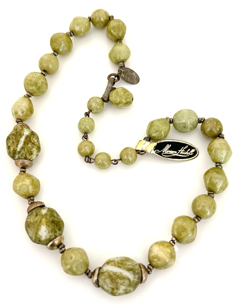 Vintage Signed Miriam Haskell Marbled Green Glass Nugget Bead Statement Necklace