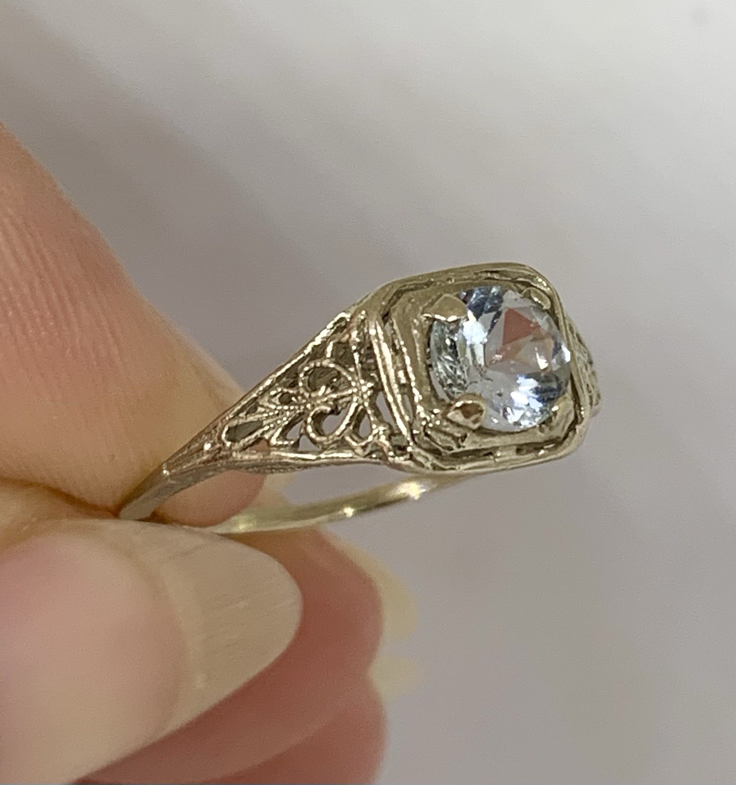 Art Deco Vintage 14k White Gold .5ctw Light Blue Aquamarine Filigree Ring Sz6.5