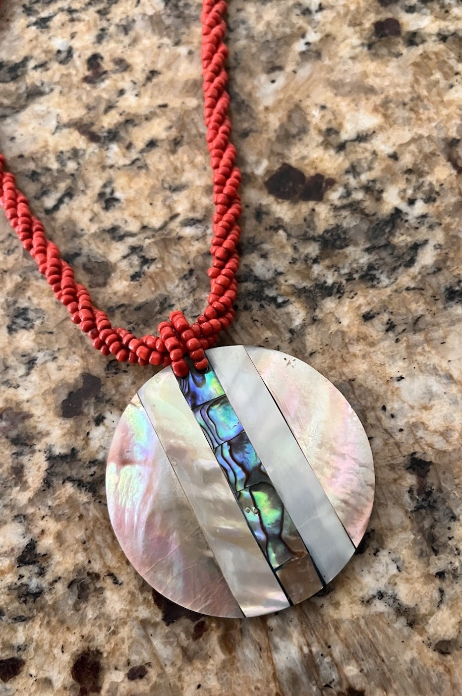 Vintage Abalone Shell Coral Seed Beaded Twist Pendant Disc Statement Necklace