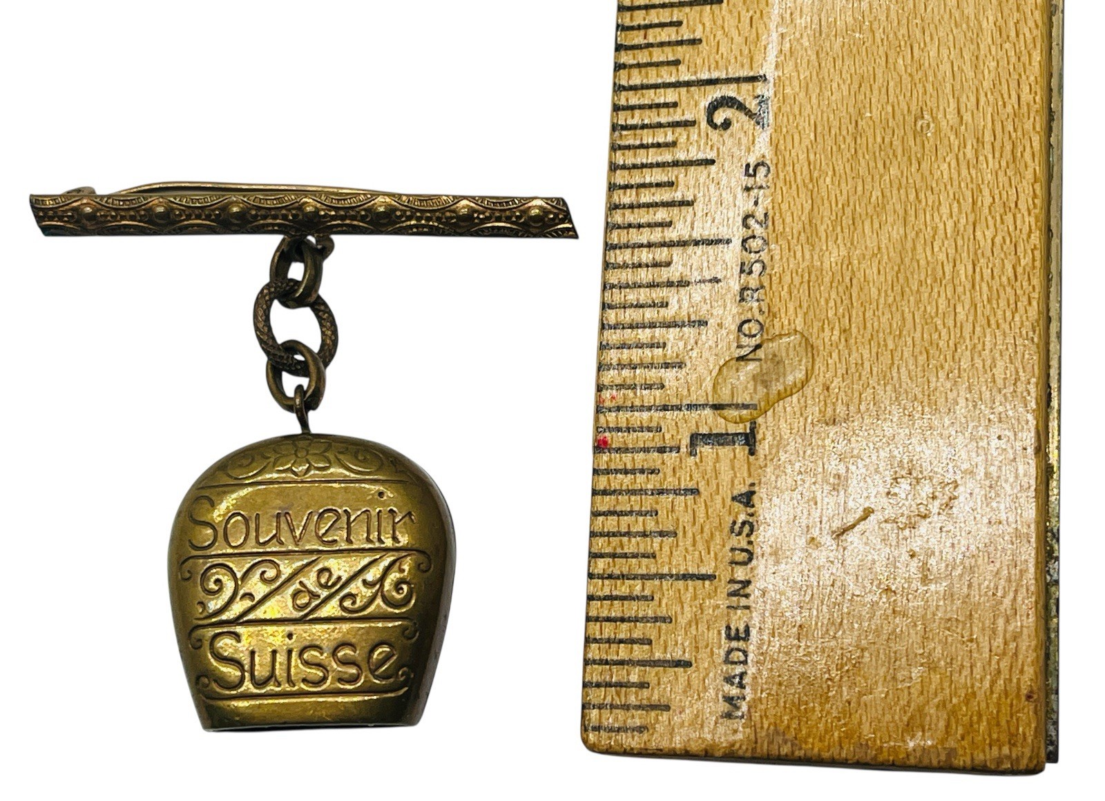Vintage Souvenir Brass Cowbell C Clasp Brooch Switzerland
