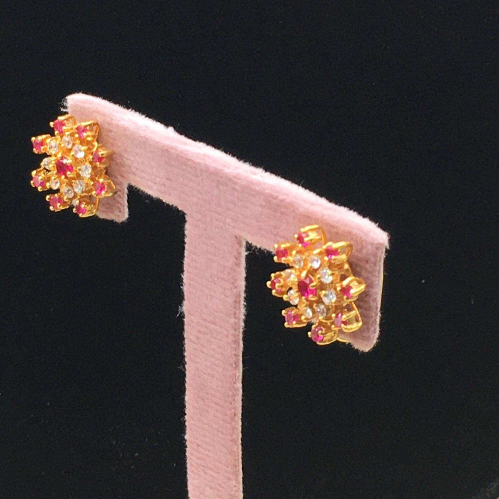 Signed Starburst Earrings Sapphires and Simulated Ruby Gold Tone Marked W