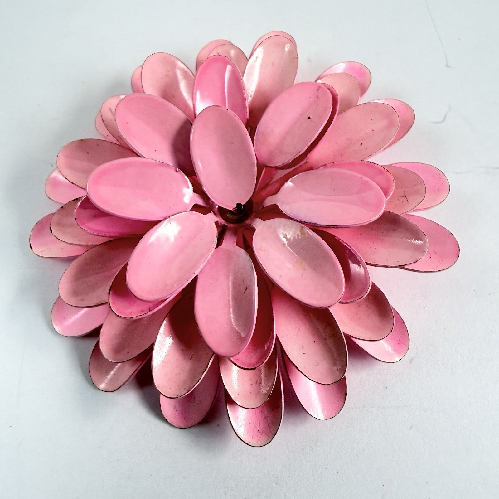 Vintage Pretty Pink Enameled Layered Metal Flower Brooch