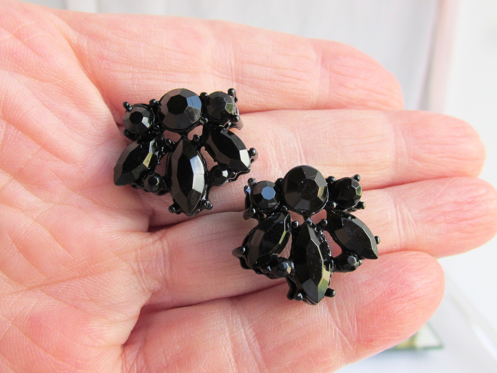 Vintage Black Rhinestone Pierced Earrings Black Enamel Finish