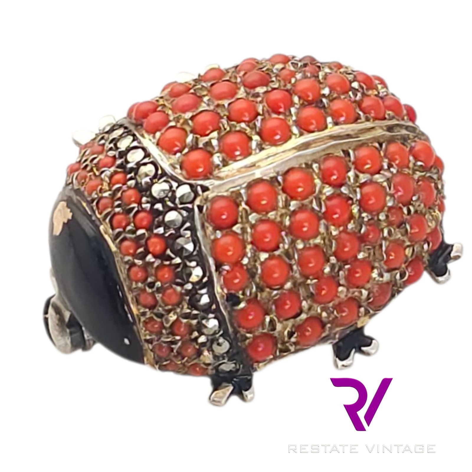 Vintage Germany US Zone Sterling Seed Coral Marcasite Ladybug Brooch