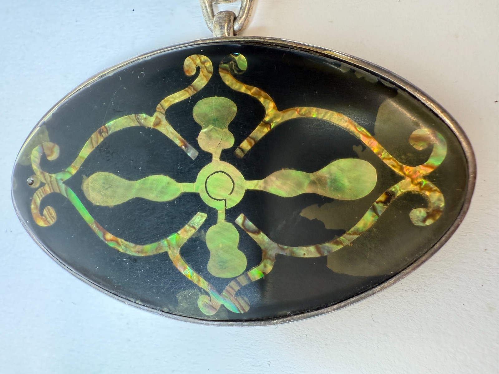 Mexican Sterling Silver Pendant Onyx and Abalone Inlay Large Vintage 38g