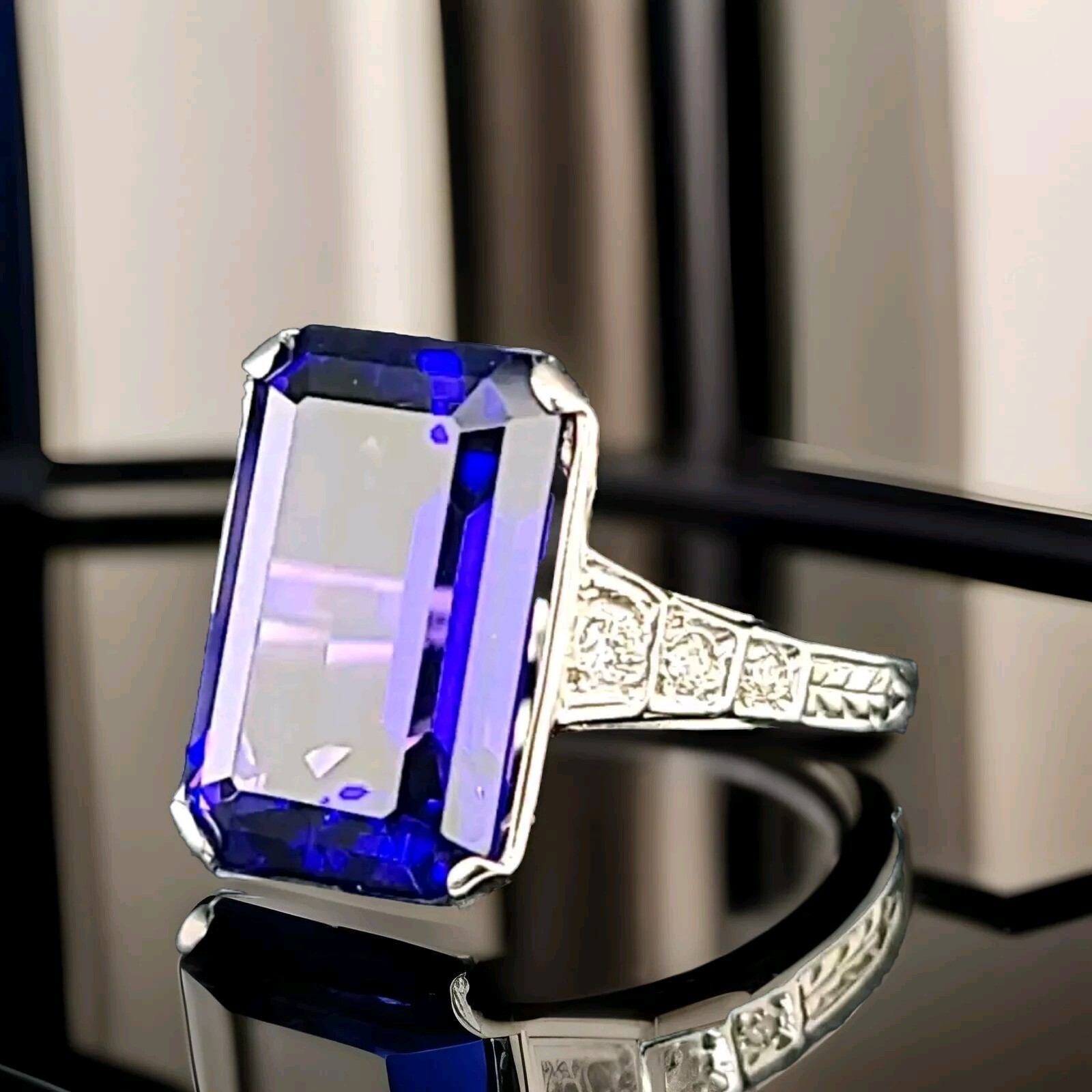 Vintage 14k White Gold Engagement Ring 8.02CT. Tanzanite Rectangular Cut